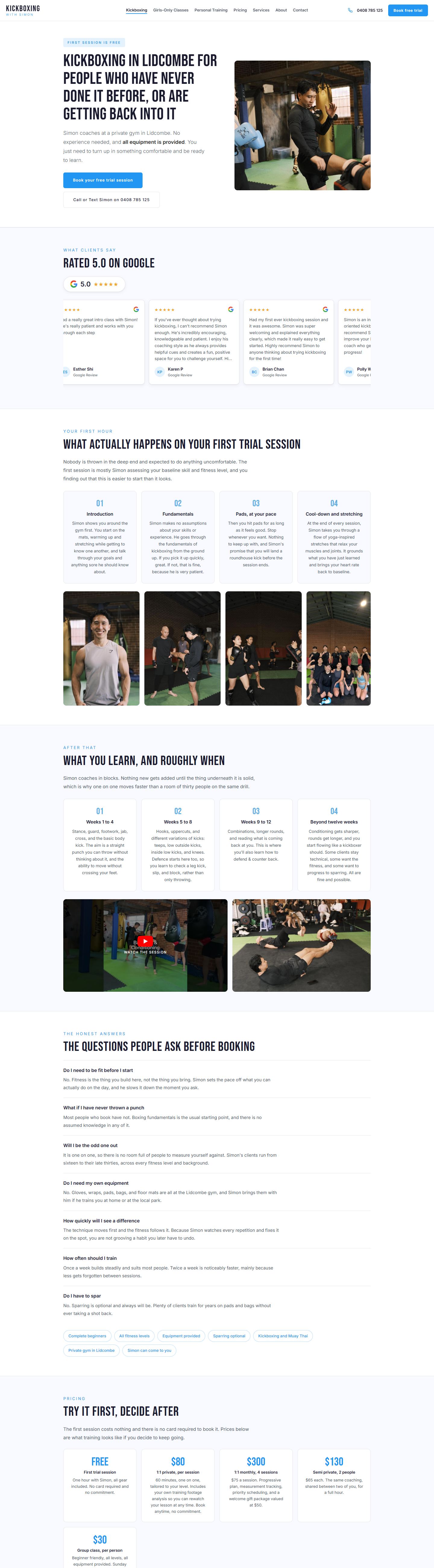 The Kickboxing with Simon kickboxing page on a desktop screen, one of the pages Kelvin built