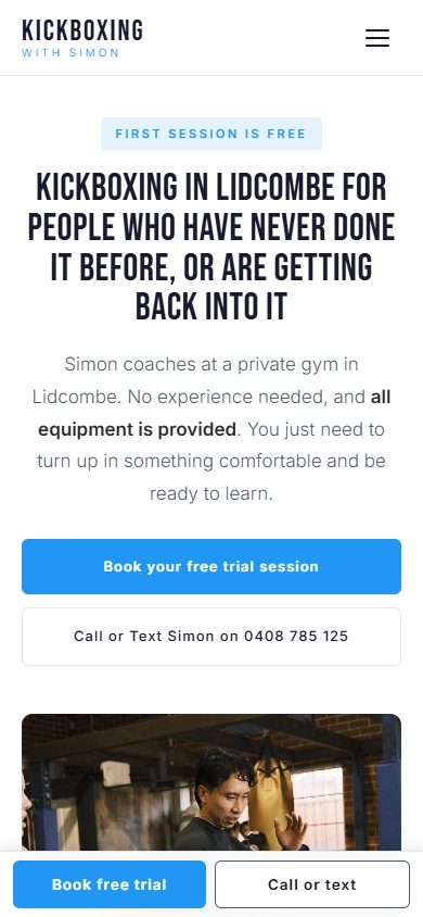 The Kickboxing with Simon kickboxing page on a phone